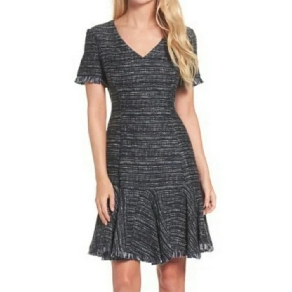 Eliza J navy blue tweed short-sleeve dress, size 4 petite